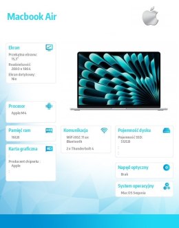 MacBook Air 15.3 cala: M4 10/10, 16GB, 512GB - Srebrny