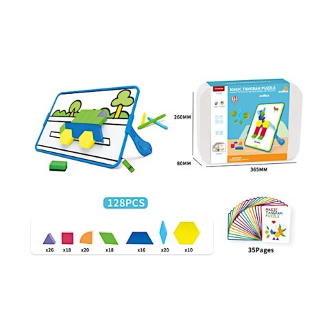 Magnetyczna mozaika Tangram z tablicą - 128 el. + karty pracy X-Bida