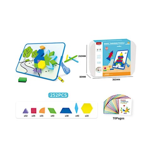 Magnetyczna mozaika Tangram z tablicą - 252 el. + karty pracy X-Bida