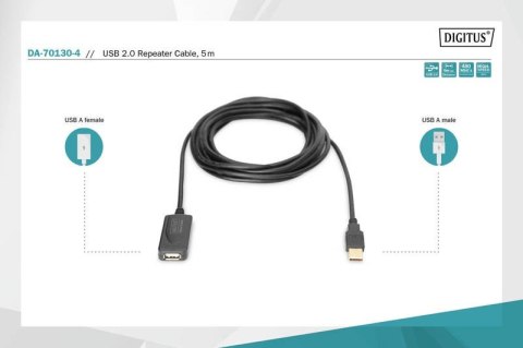 Przedłużacz/Extender USB 2.0 HighSpeed Typ USB A/USB A M/Ż aktywny, czarny 5m Przedłużacz/Extender USB 2.0 HighSpeed Typ USB A/USB A M/Ż aktywny, czarny 5m
