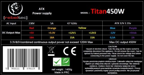 Zasilacz uniwersalny komputerowy ATX ver. 2.31 TITAN 450 Zasilacz uniwersalny komputerowy ATX ver. 2.31 TITAN 450