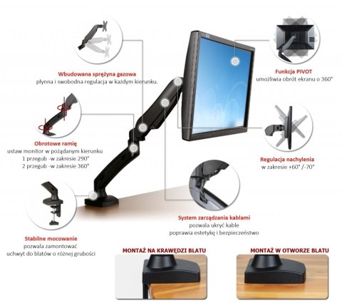 Uchwyt biurkowy na sprężynie gazowej do 1 monitora LCD/LED 13-27" L-11GD Uchwyt biurkowy na sprężynie gazowej do 1 monitora LCD/LED 13-27" L-11GD