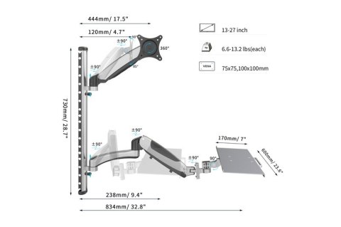 Ramię naścienne pojedyncze, 1xLCD + klawiatura, max. 27", max. 8kg, uchylno-obrotowe 360° (PIVOT) Ramię naścienne pojedyncze, 1xLCD + klawiatura, max. 27", max. 8kg, uchylno-obrotowe 360° (PIVOT)