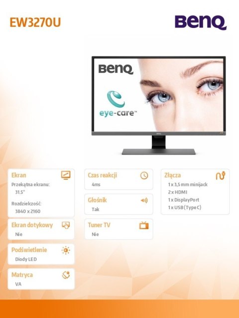 Monitor 32 EW3270U 4K LED 4ms/3000:1/HDMI/CZARNY Monitor 32 EW3270U 4K LED 4ms/3000:1/HDMI/CZARNY