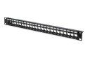 Panel krosowy (patch panel) modularny 19" 24 porty pod moduły keystone, 1U, ekranowany, prowadnica kabli, pola opisowe, czarny