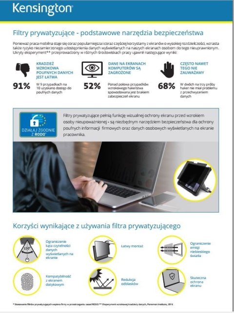 Filtr prywatyzujący 2-stronny, zdejmowany, do monitora 14.1 cala 16:9 Filtr prywatyzujący 2-stronny, zdejmowany, do monitora 14.1 cala 16:9