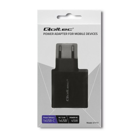 Ładowarka sieciowa | 45W | 5-20V | 2.25-3A | USB typ C PD | USB | Czarna Ładowarka sieciowa | 45W | 5-20V | 2.25-3A | USB typ C PD | USB | Czarna