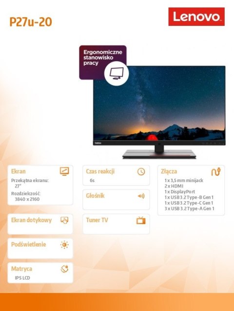 Monitor 27.0 ThinkVision P27u-20 WLED LCD 62CBRAT6EU Monitor 27.0 ThinkVision P27u-20 WLED LCD 62CBRAT6EU