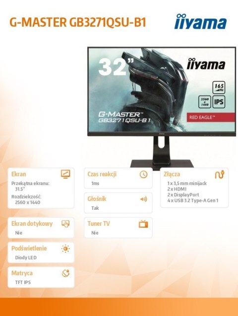 Monitor 31.5 cala GB3271QSU-B1 QHD,1ms,IPS,165Hz,HDMI,DP,400cd,FreeSync Monitor 31.5 cala GB3271QSU-B1 QHD,1ms,IPS,165Hz,HDMI,DP,400cd,FreeSync
