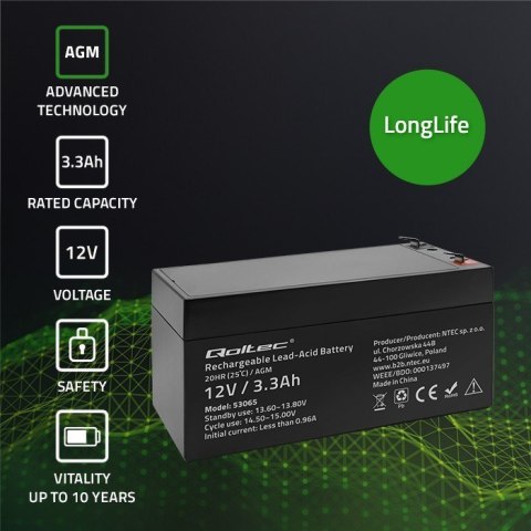 Akumulator AGM | 12V | 3.3Ah | max. 49.5A Akumulator AGM | 12V | 3.3Ah | max. 49.5A