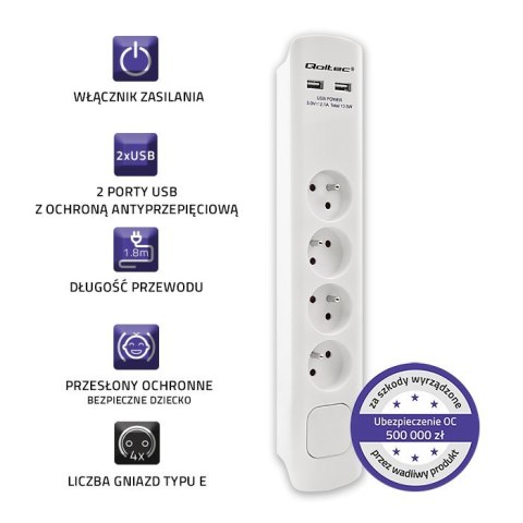 Listwa antyprzepięciowa | 4 gniazda | 2xUSB | 1.8m | Biała Listwa antyprzepięciowa | 4 gniazda | 2xUSB | 1.8m | Biała