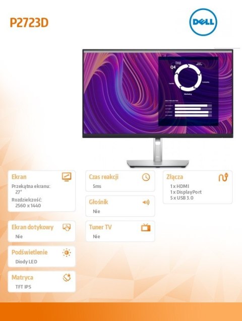 Monitor P2723D 27 cali IPS LED QHD (2560x1440)/16:9/HDMI/DP/5xUSB 3.2/3Y AES Monitor P2723D 27 cali IPS LED QHD (2560x1440)/16:9/HDMI/DP/5xUSB 3.2/3Y AES