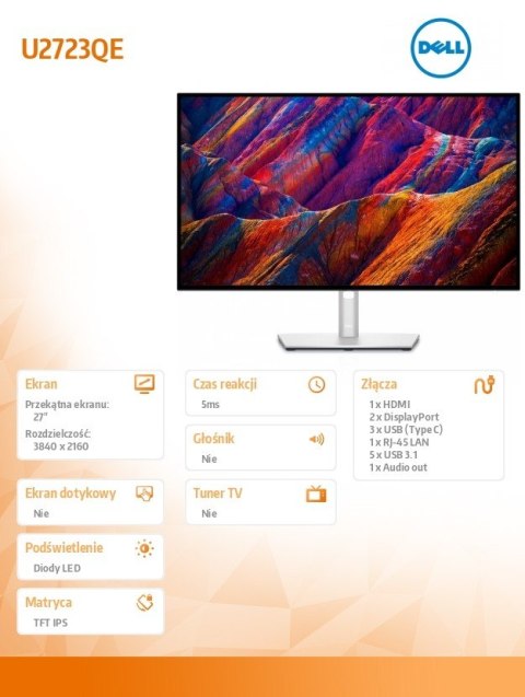 Monitor U2723QE 27 cali IPS LED 4K (3840x2160) /16:9/HDMI/2xDP/3xUSB-C/4xUSB 3.2/RJ-45/3Y AES&PPG Monitor U2723QE 27 cali IPS LED 4K (3840x2160) /16:9/HDMI/2xDP/3xUSB-C/4xUSB 3.2/RJ-45/3Y AES&PPG