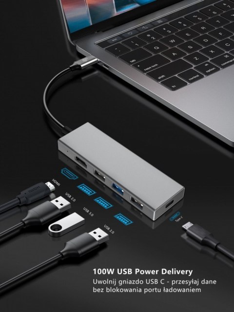 Adapter HUB USB C 7w1 - HDMI, USBx3, PD, SD/TF Adapter HUB USB C 7w1 - HDMI, USBx3, PD, SD/TF