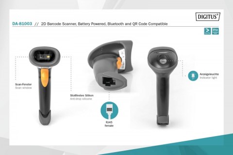 Czytnik kodów kreskowych bezprzewodowy Bluetooth, 1D i 2D, zgodny z kodami QR, Stojak w zestawie Czytnik kodów kreskowych bezprzewodowy Bluetooth, 1D i 2D, zgodny z kodami QR, Stojak w zestawie
