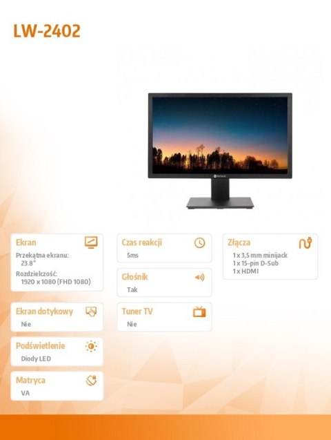 Monitor 24 cale LW-2402 HDMI VGA CZARNY Monitor 24 cale LW-2402 HDMI VGA CZARNY