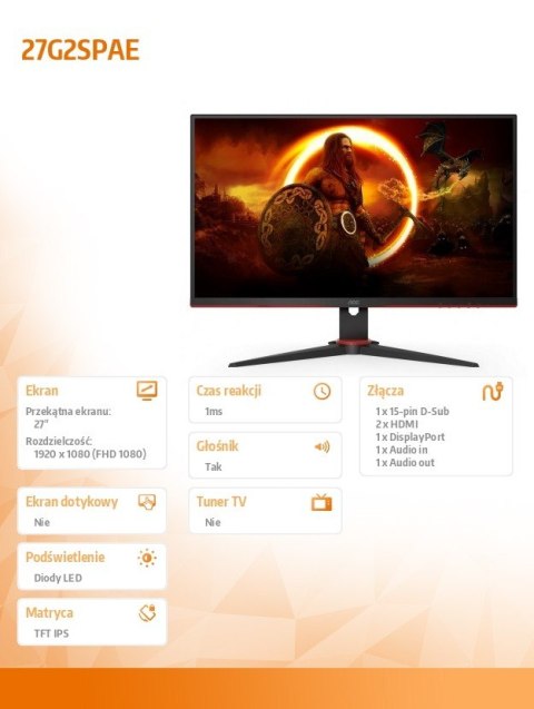 Monitor 27G2SPAE 27 cali IPS 165Hz HDMIx2 DP Głośniki Monitor 27G2SPAE 27 cali IPS 165Hz HDMIx2 DP Głośniki
