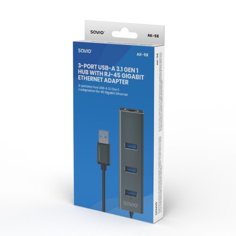 Hub AK-58 3-portowy USB-A 3.1 Gen 1 z adapterem RJ-45 Gigabit Ethernet Hub AK-58 3-portowy USB-A 3.1 Gen 1 z adapterem RJ-45 Gigabit Ethernet