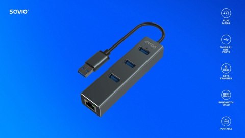 Hub AK-58 3-portowy USB-A 3.1 Gen 1 z adapterem RJ-45 Gigabit Ethernet Hub AK-58 3-portowy USB-A 3.1 Gen 1 z adapterem RJ-45 Gigabit Ethernet