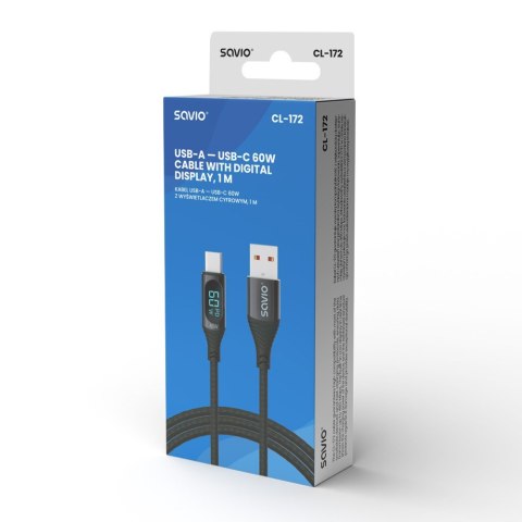 Kabel USB - USB C z wyświetlaczem, 60W, 1m, CL-172 Kabel USB - USB C z wyświetlaczem, 60W, 1m, CL-172