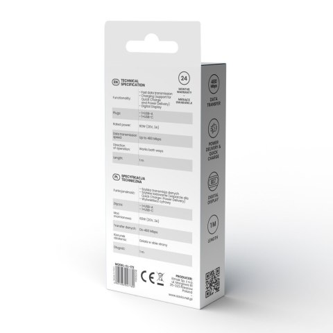 Kabel USB - USB C z wyświetlaczem, 60W, 1m, CL-172 Kabel USB - USB C z wyświetlaczem, 60W, 1m, CL-172
