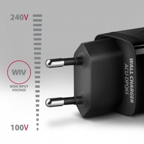 ACU-DPQ65 Ładowarka sieciowa, GaN 65W, 3x port (USB-A + dual USB-C), PD3.0/QC4+/PPS/Apple, czarna ACU-DPQ65 Ładowarka sieciowa, GaN 65W, 3x port (USB-A + dual USB-C), PD3.0/QC4+/PPS/Apple, czarna