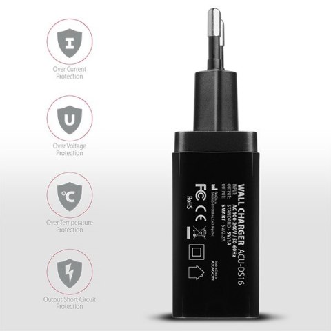 ACU-DS16 Ładowarka sieciowa, SMART 16W, 2x port USB-A, 5V/2.2A + 5V/1A ACU-DS16 Ładowarka sieciowa, SMART 16W, 2x port USB-A, 5V/2.2A + 5V/1A