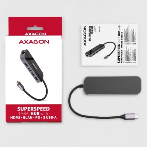 HMC-6GL Wieloportowy hub USB 6in1, 5Gbps, 3x USB-A, HDMI 4K/30Hz, GLAN, PD 100W, 20cm USB-C kabel HMC-6GL Wieloportowy hub USB 6in1, 5Gbps, 3x USB-A, HDMI 4K/30Hz, GLAN, PD 100W, 20cm USB-C kabel