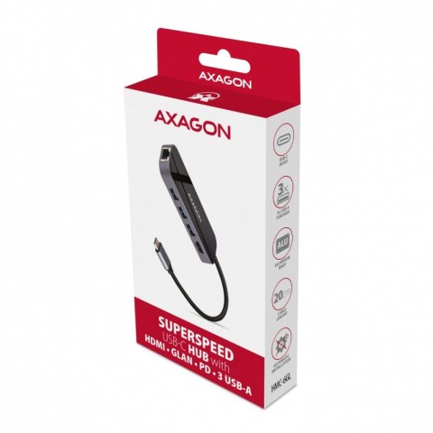 HMC-6GL Wieloportowy hub USB 6in1, 5Gbps, 3x USB-A, HDMI 4K/30Hz, GLAN, PD 100W, 20cm USB-C kabel HMC-6GL Wieloportowy hub USB 6in1, 5Gbps, 3x USB-A, HDMI 4K/30Hz, GLAN, PD 100W, 20cm USB-C kabel
