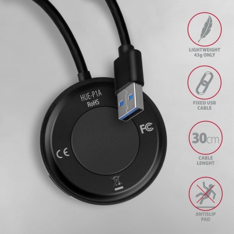 HUE-P1A Hub 4-portowy USB 3.2 Gen 1 round, 30cm USB-A kabel, microUSB dodatkowe zasilanie HUE-P1A Hub 4-portowy USB 3.2 Gen 1 round, 30cm USB-A kabel, microUSB dodatkowe zasilanie