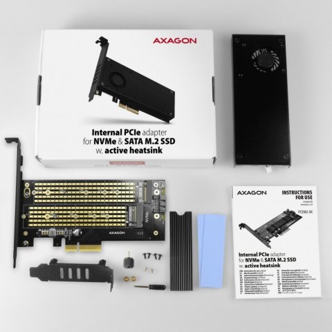 PCEM2-DC Adapter wewnętrzny PCIe x4, 1x M.2 NVMe M-key + 1x SATA B-key slot, chłodnica, SP & LP + radiator PCEM2-DC Adapter wewnętrzny PCIe x4, 1x M.2 NVMe M-key + 1x SATA B-key slot, chłodnica, SP & LP + radiator