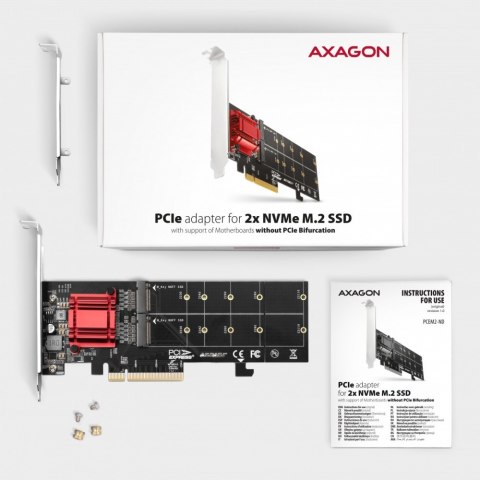PCEM2-ND Kontroler PCIe x 8, 2x slot M.2 NVMe M-key RAID wsparcie dla płyt bez bifurkacji, w zestawie, SP & LP PCEM2-ND Kontroler PCIe x 8, 2x slot M.2 NVMe M-key RAID wsparcie dla płyt bez bifurkacji, w zestawie, SP & LP