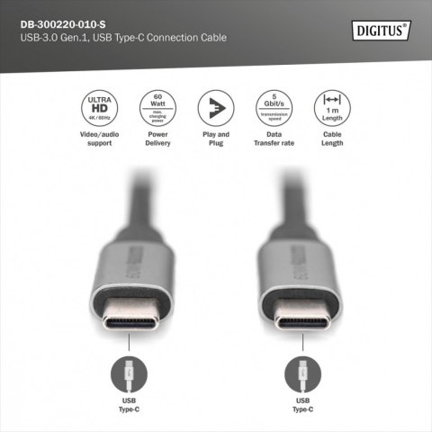 Kabel połączeniowy USB 3.0 60W/5Gbps Typ USB C/USB C M/M 1m Czarny
