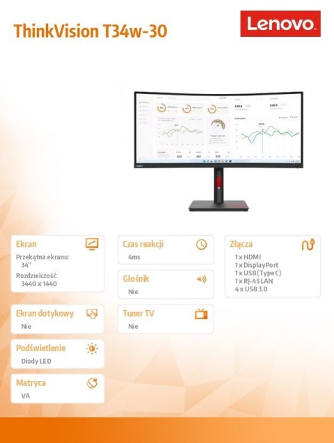 Monitor 34 cale ThinkVision T34w-30 WLED LCD 63D4GAT1EU Monitor 34 cale ThinkVision T34w-30 WLED LCD 63D4GAT1EU