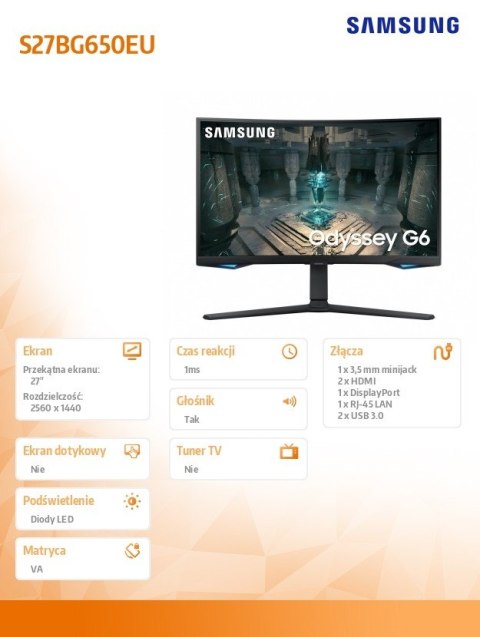 Monitor 27 cali LS27BG650EUXEN VA 2560x1440 16:9 2xHDMI/1xDP/LAN(RJ45)/2xUSB3.0 1ms(GTG) WiFi/BT głośniki zakrzywiony HAS+PIV 24 Monitor 27 cali LS27BG650EUXEN VA 2560x1440 16:9 2xHDMI/1xDP/LAN(RJ45)/2xUSB3.0 1ms(GTG) WiFi/BT głośniki zakrzywiony HAS+PIV 24