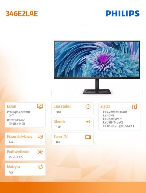Monitor 34 cale 346E2LAE VA HDMI DP USB-C HAS Głośniki Monitor 34 cale 346E2LAE VA HDMI DP USB-C HAS Głośniki