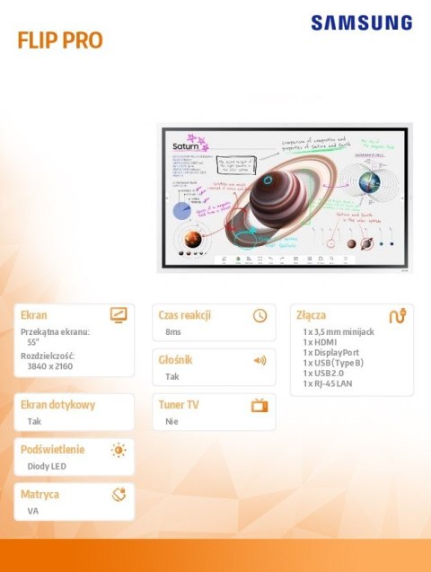 Monitor profesjonalny WM55B FLIP PRO 55 cali Dotykowy 16h/7 350(cd/m2) 3840x2160 (UHD) Flip App USB-C Wi-Fi/BT 3 lata On-Site ( Monitor profesjonalny WM55B FLIP PRO 55 cali Dotykowy 16h/7 350(cd/m2) 3840x2160 (UHD) Flip App USB-C Wi-Fi/BT 3 lata On-Site (