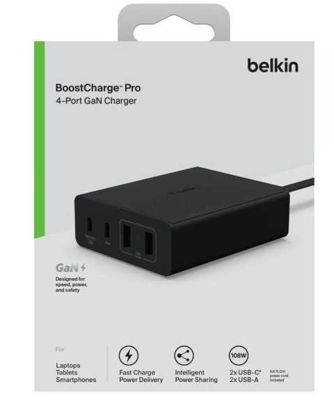 Ładowarka 108W 4-porty GaN 2xUSB- A 2xUSB-C czarna Ładowarka 108W 4-porty GaN 2xUSB- A 2xUSB-C czarna