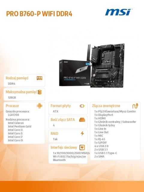 Płyta główna PRO B760-P WIFI DDR4 s1700 4DDR4 DP/HDMI ATX Płyta główna PRO B760-P WIFI DDR4 s1700 4DDR4 DP/HDMI ATX