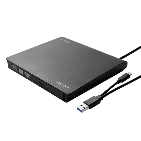 Zewnętrzna nagrywarka typu Slim CD/DVD R/RW, USB-C/USB-A, AK-59 Zewnętrzna nagrywarka typu Slim CD/DVD R/RW, USB-C/USB-A, AK-59