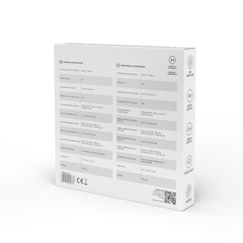 Zewnętrzna nagrywarka typu Slim CD/DVD R/RW, USB-C/USB-A, AK-59 Zewnętrzna nagrywarka typu Slim CD/DVD R/RW, USB-C/USB-A, AK-59