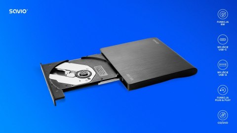 Zewnętrzna nagrywarka typu Slim CD/DVD R/RW, USB-C/USB-A, AK-59 Zewnętrzna nagrywarka typu Slim CD/DVD R/RW, USB-C/USB-A, AK-59