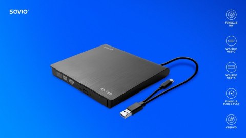Zewnętrzna nagrywarka typu Slim CD/DVD R/RW, USB-C/USB-A, AK-59 Zewnętrzna nagrywarka typu Slim CD/DVD R/RW, USB-C/USB-A, AK-59