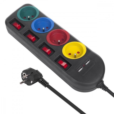 Listwa zasilająca z wyłącznikami 4 gniazda + 2xUSB przedłużacz MCE229B Czarna Listwa zasilająca z wyłącznikami 4 gniazda + 2xUSB przedłużacz MCE229B Czarna