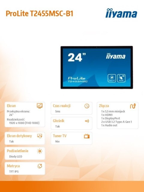 Monitor dotykowy 24 cale T2455MSC-B1 POJ.10PKT.IPS,HDMI,DP,USB3.0,CAM,MIC Monitor dotykowy 24 cale T2455MSC-B1 POJ.10PKT.IPS,HDMI,DP,USB3.0,CAM,MIC