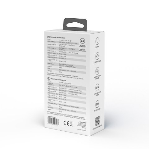 Ładowarka sieciowa USB GaN 65W, Quick Charge 4.0, Power Delivery 3.0, LA-07 Ładowarka sieciowa USB GaN 65W, Quick Charge 4.0, Power Delivery 3.0, LA-07