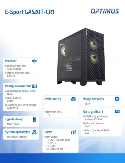 Komputer E-Sport GA520T-CR1 Ryzen 5 3600/16GB/1TB/RX 6600 8GB/W11 Komputer E-Sport GA520T-CR1 Ryzen 5 3600/16GB/1TB/RX 6600 8GB/W11