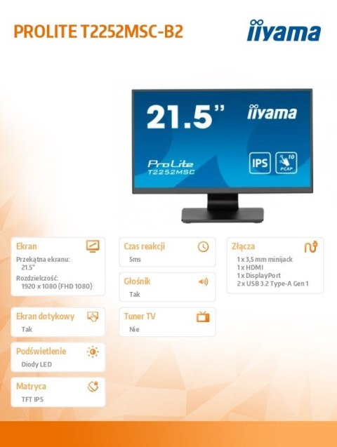 Monitor 22 cale T2252MSC-B2 10 PKT. POJ,IPS,HDMI,DP,2x1W,7H Monitor 22 cale T2252MSC-B2 10 PKT. POJ,IPS,HDMI,DP,2x1W,7H