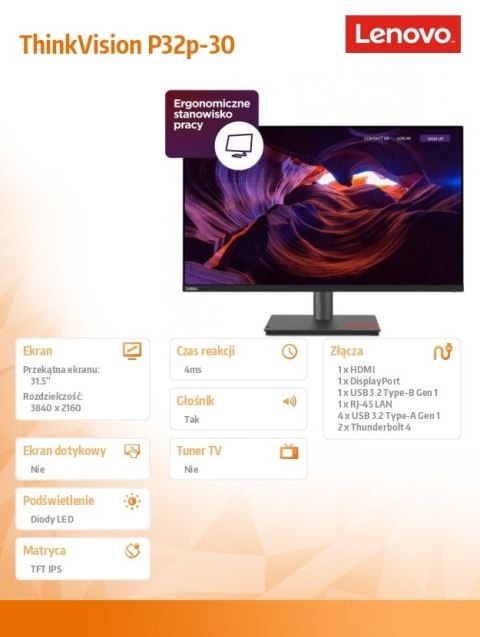 Monitor 31.5 cala ThinkVision P32p-30 WLED LCD 63D1RAT1EU Monitor 31.5 cala ThinkVision P32p-30 WLED LCD 63D1RAT1EU