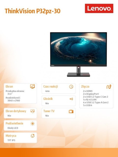 Monitor 31.5 cala ThinkVision P32pz-30 63E5GAT2EU Monitor 31.5 cala ThinkVision P32pz-30 63E5GAT2EU